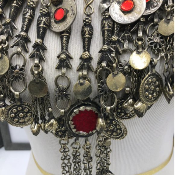 Ethnic Oversized Choker Necklace With Glass Stones and Dangling Tassels - Picture 2 of 6